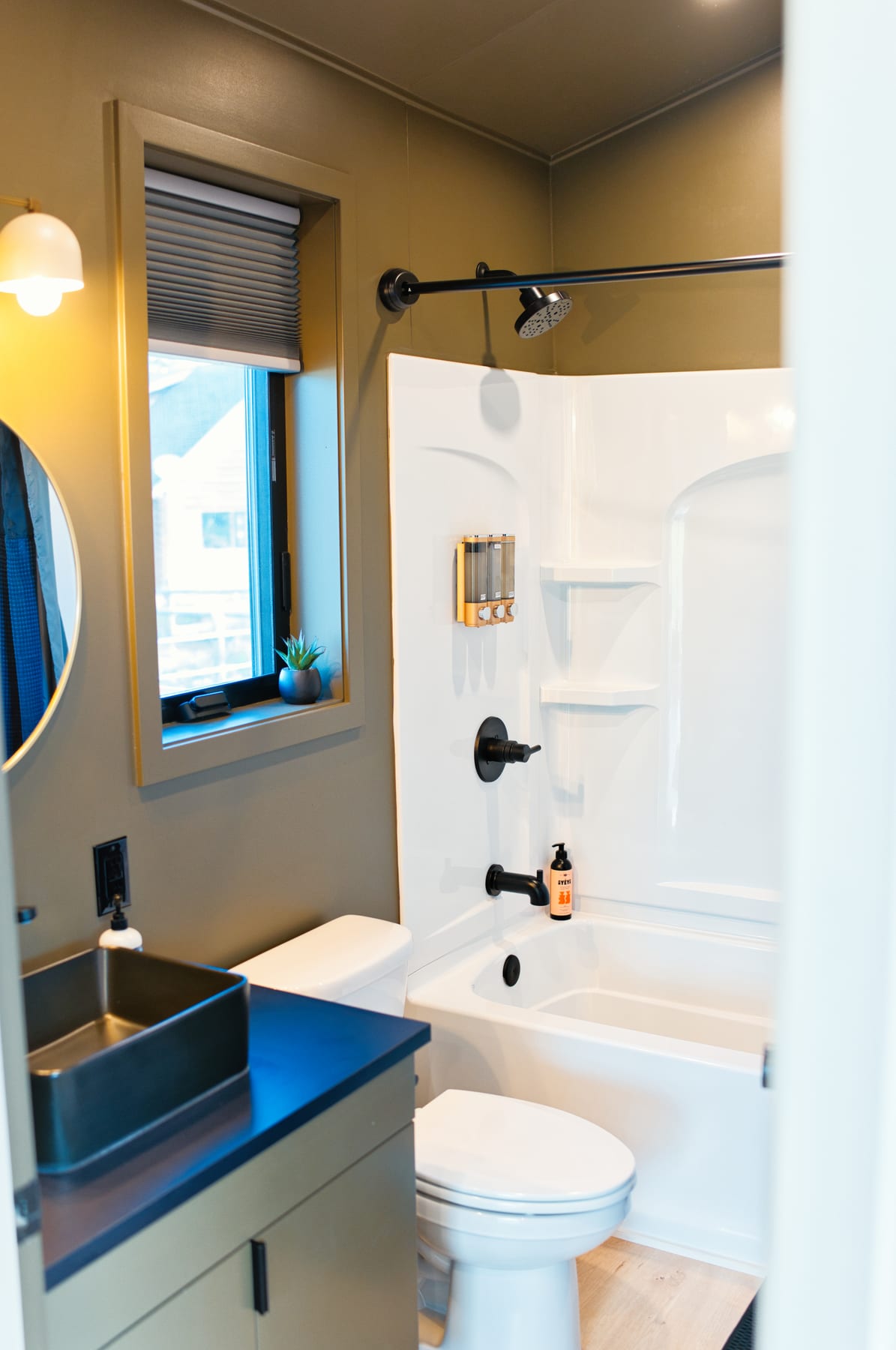Bathroom shower open at Glacier Mountain Getaway near Bozeman Montana