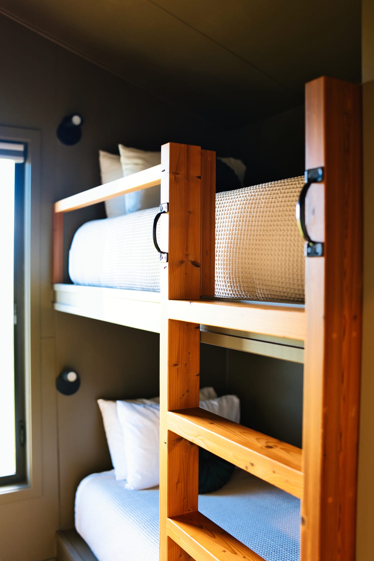 Wood bunk beds at Glacier Mountain Getaway near Bozeman Montana