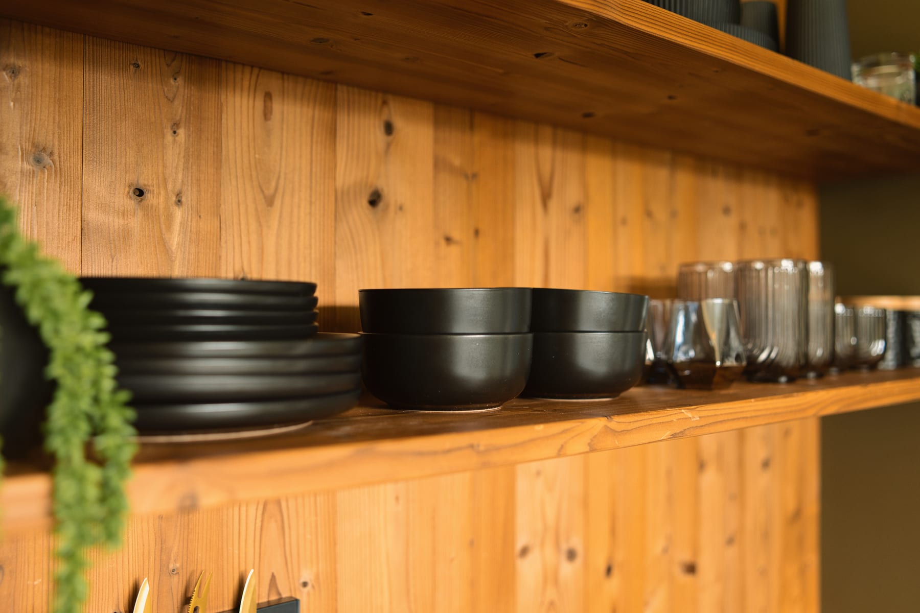 Dinnerware in kitchenette at Glacier Mountain Getaway near Bozeman Montana