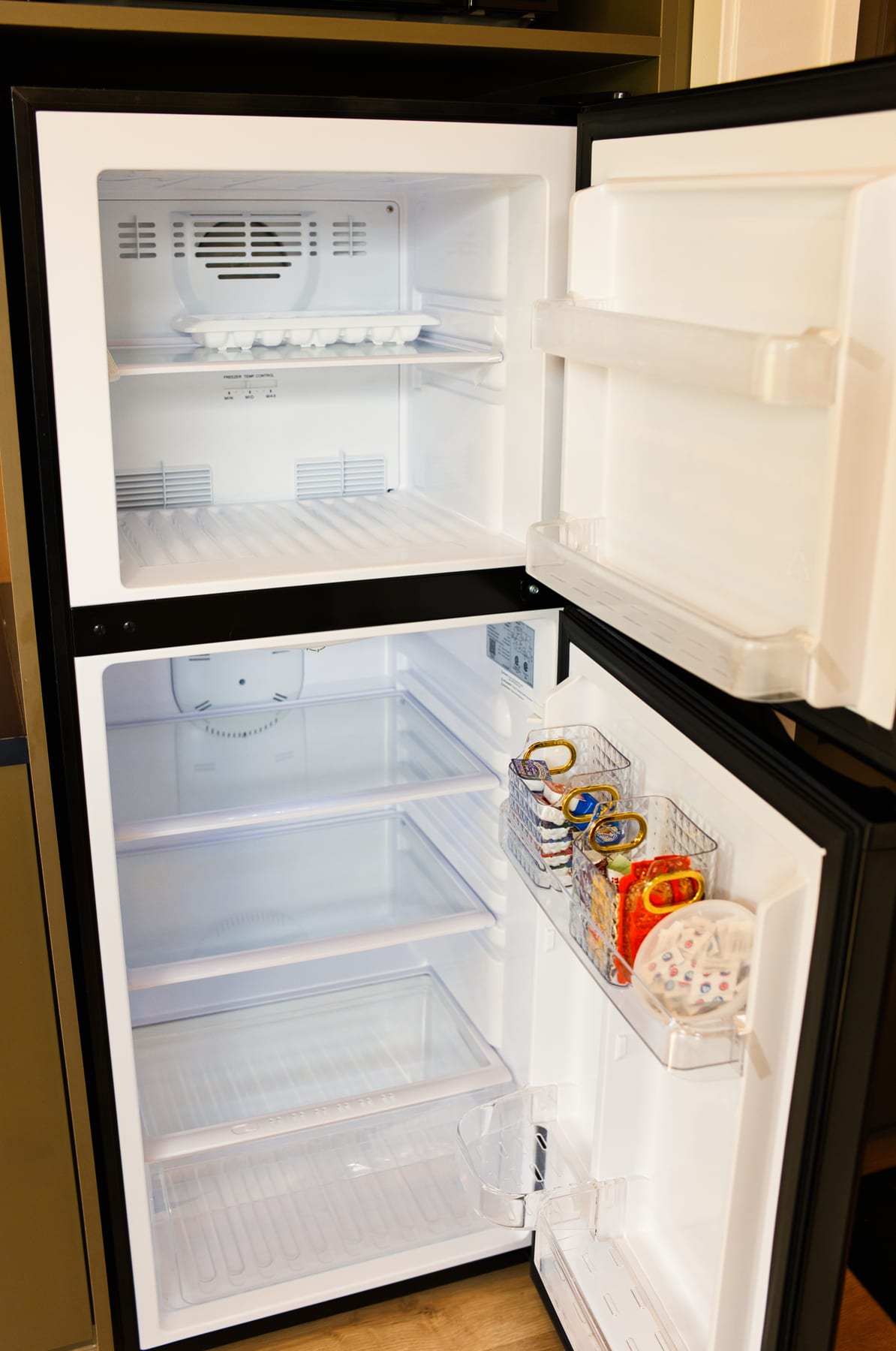 Open mini fridge at Glacier Mountain Getaway near Bozeman Montana