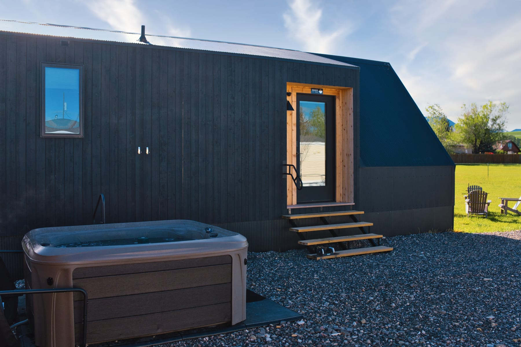 Side view of Glacier Mountain Getaway with private hot tub near Bozeman Montana