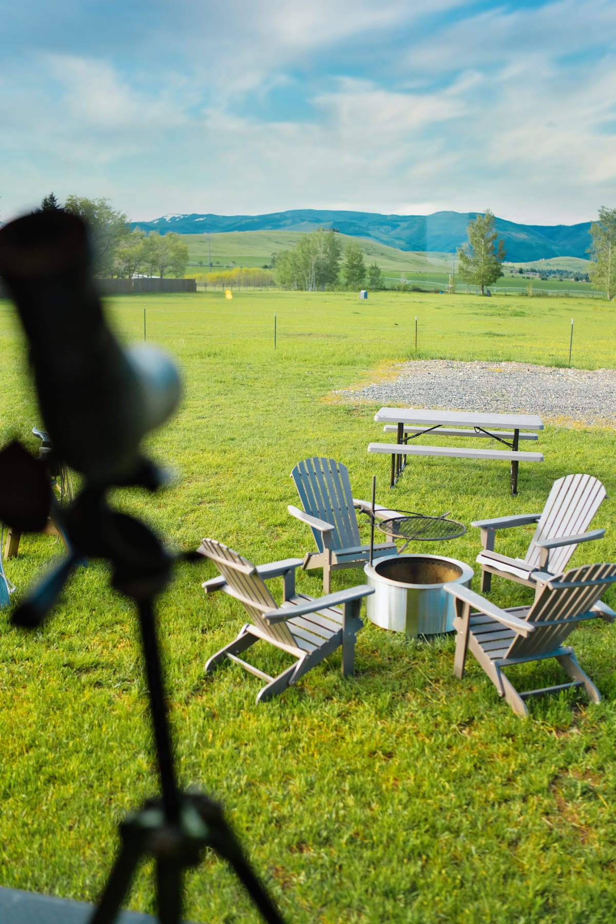 Telescope view at Glacier Mountain Getaway near Bozeman Montana